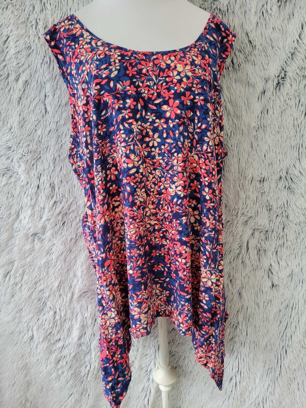 Woman Within Navy Floral Scoop Neck Tank with Pink and Cream Accents